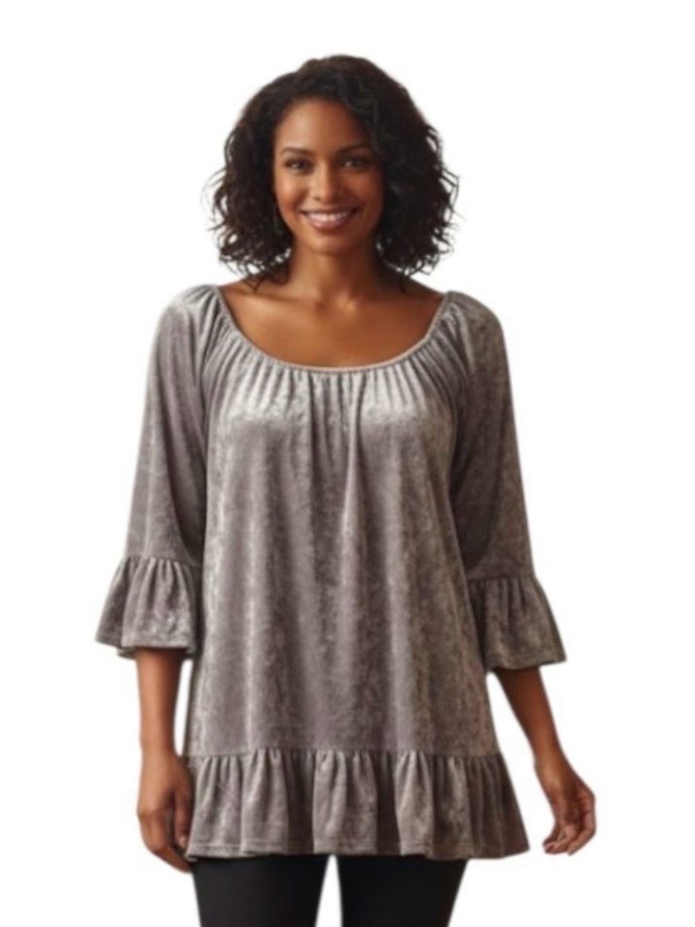beachlunchlounge Crushed Velvet Ruffle Boho Peasant Top - Taupe Size Medium